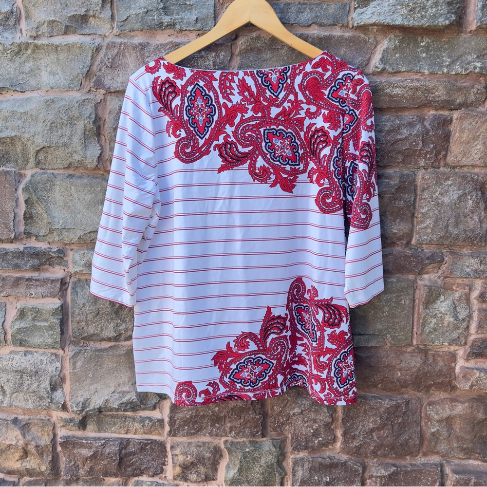 Charter Club Petite XL Boatneck 3/4 Sleeve Top Red White Stripe Paisley NWT - Picture 4 of 12